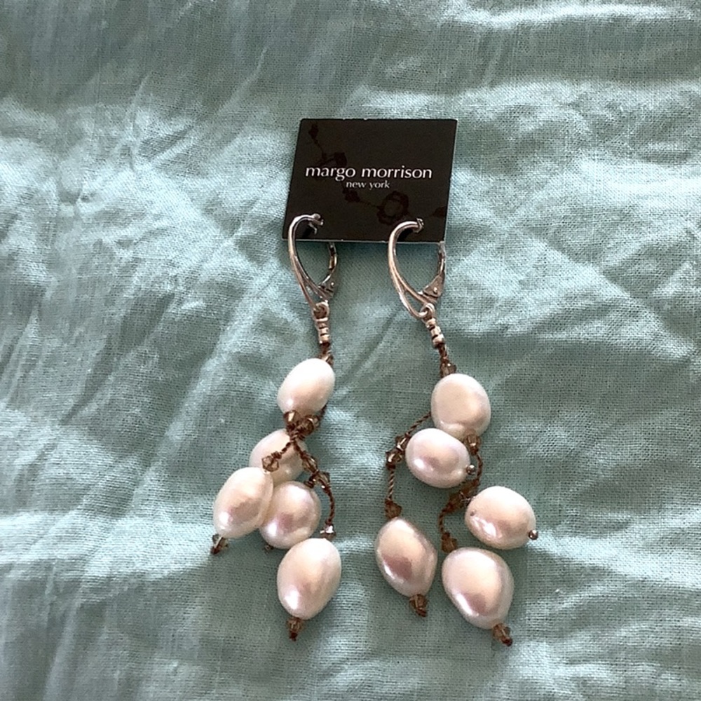 Margo Morrison white fresh water pearls, 925 stamped post on cord and crystals.
